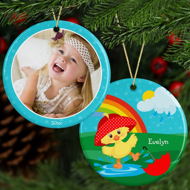 Cute Lycklig Anka i Rain med Rainbow Anpassningsba Julgransprydnad Keramik (Skapare uppladdad)