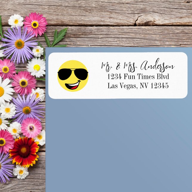 Cute, lycklig ansikte, coola, roligt, svartblåsgla returadress etikett (Skapare uppladdad)