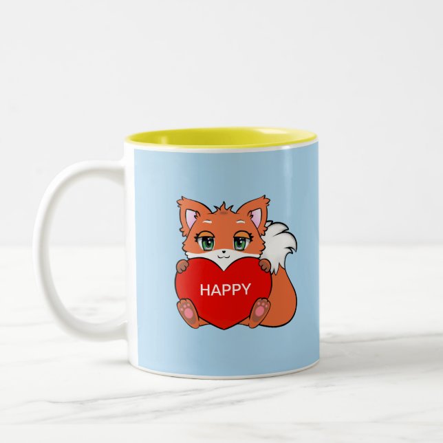 Cute Lycklig Baby Fox med Heart Two Tone Coffee Mu Två-Tonad Mugg (Vänster)