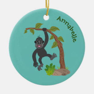 Cute lycklig baby gorilla tecknad illustration julgransprydnad keramik