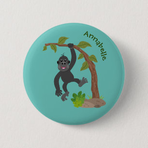 Cute lycklig baby gorilla tecknad illustration knapp
