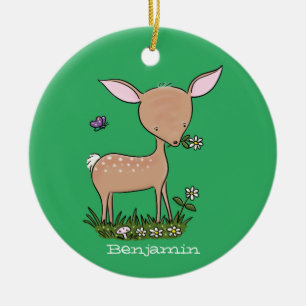 Cute lycklig baby hjort tecknad illustration julgransprydnad keramik