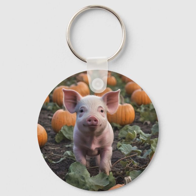 Cute Lycklig Baby Pig in the Pumpkin Patch Nyckelring (Framsida)
