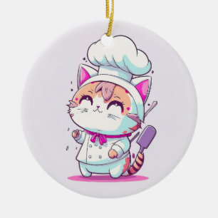 Cute Lycklig Baker Pastry Chef Cat Kitten Julgransprydnad Keramik