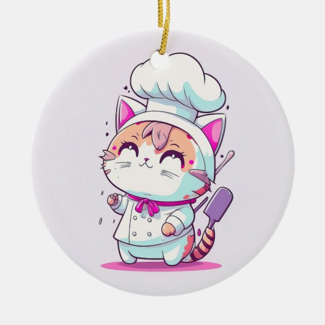 Cute Lycklig Baker Pastry Chef Cat Kitten | Julgransprydnad Keramik (Framsidan)