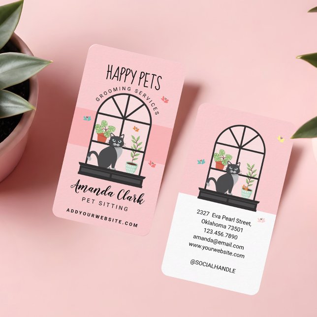 Cute Lycklig Black Cat på Window Sill Pet Sitta Visitkort (Cute Happy Black Cat on Window Sill Pet Sitting Business Card)