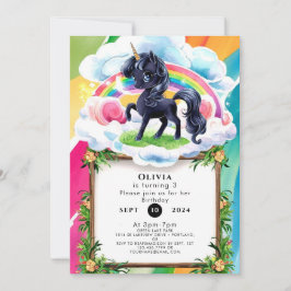 Cute Lycklig Black Unicorn Birday Inbjudningar