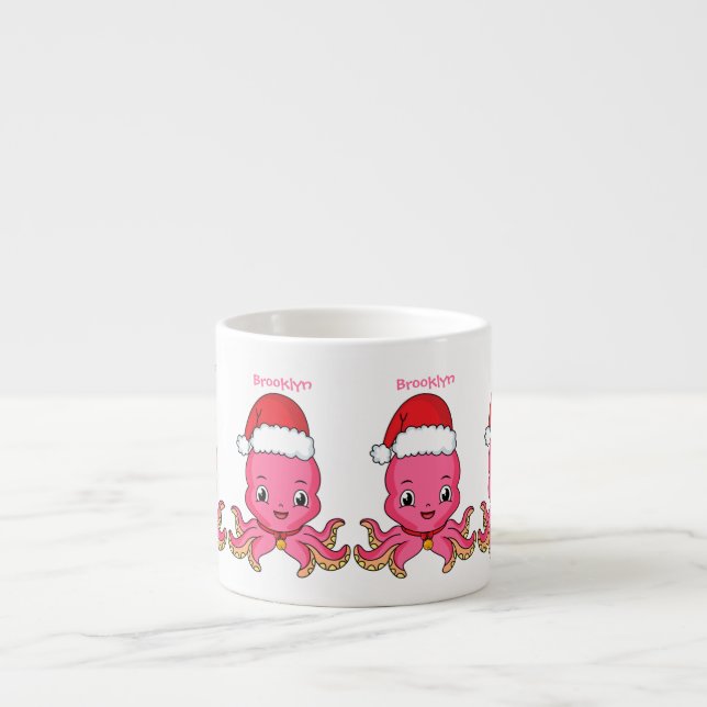 Cute lycklig bläckfisk med julhatt tecknad espressomugg (Framsidan)
