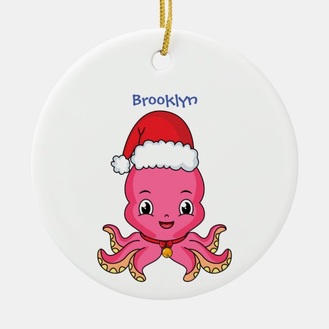 Cute lycklig bläckfisk med julhatt tecknad julgransprydnad keramik (Framsidan)