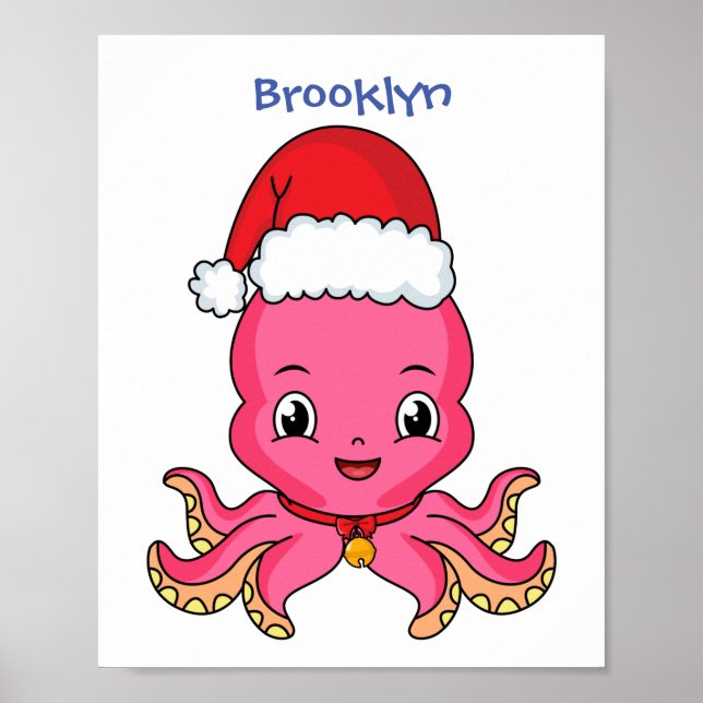 Cute lycklig bläckfisk med julhatt tecknad poster (Framsidan)