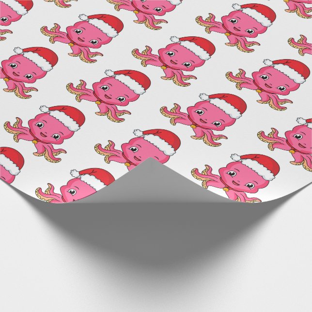 Cute lycklig bläckfisk med julhatt tecknad presentpapper (Hörn)