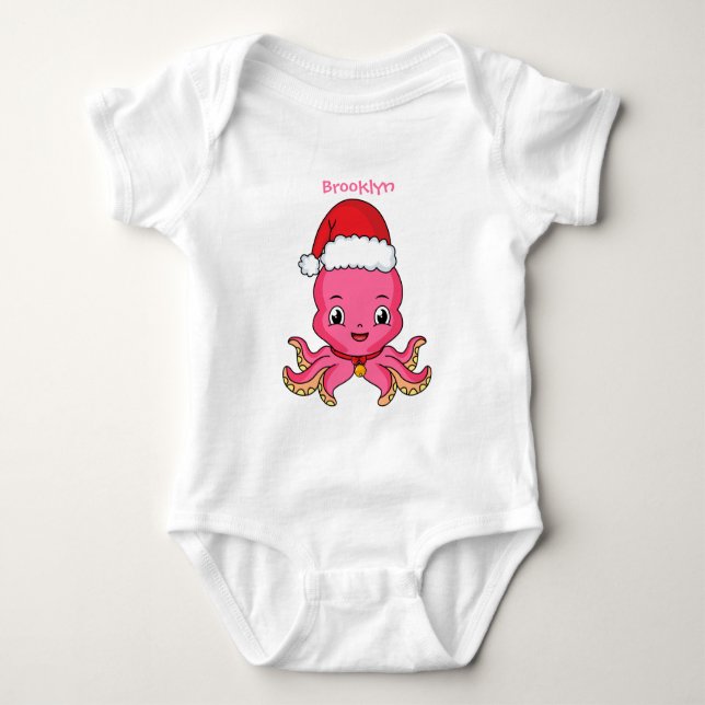 Cute lycklig bläckfisk med julhatt tecknad t shirt (Framsida)