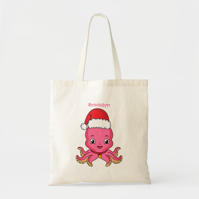 Cute lycklig bläckfisk med julhatt tecknad tygkasse (Framsidan)