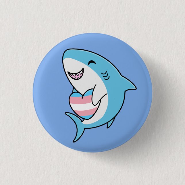 Cute Lycklig Blahaj Blue Shark Holding Trans Heart Knapp (Framsida)