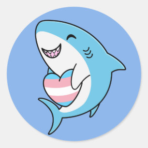 Cute Lycklig Blahaj Blue Shark Holding Trans Heart Runt Klistermärke