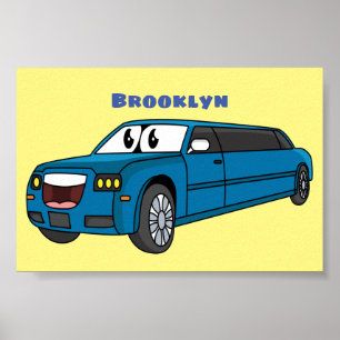 Cute lycklig blue Limousines tecknad car Poster