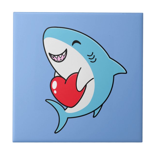 Cute Lycklig Blue Shark Holger ett rött hjärta Kakelplatta (Framsidan)