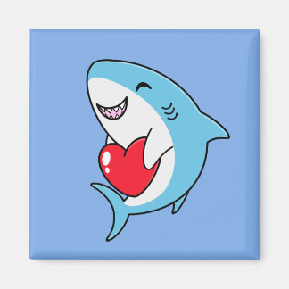 Cute Lycklig Blue Shark Holger ett rött hjärta Magnet