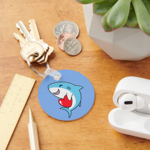 Cute Lycklig Blue Shark Holger ett rött hjärta Nyckelring