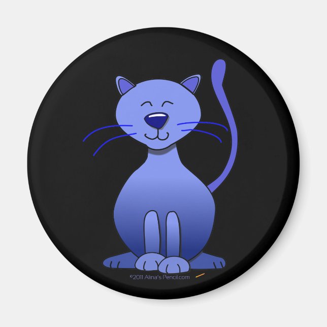 Cute Lycklig Blue Smiling Cat on Black Magnet (Framsidan)