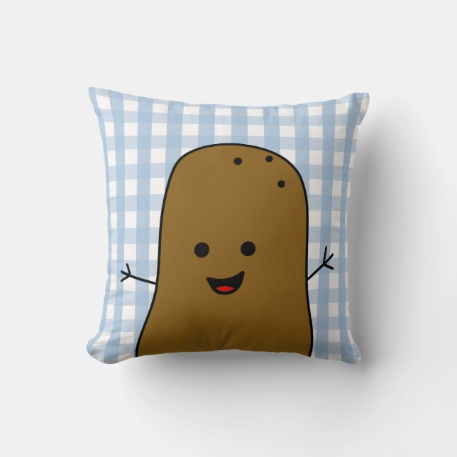 Cute Lycklig Brown Potato Blue Gingham Kudde (Framsida)
