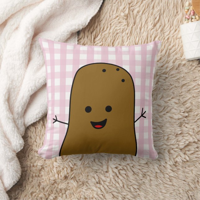 Cute Lycklig Brown Potato Rosa Gingham Kudde (Filt)