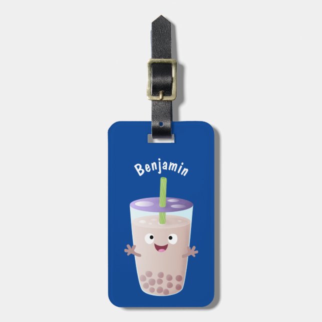 Cute lycklig bubble tea boba tecknade figurer bagagebricka (Vertikal Framsida)
