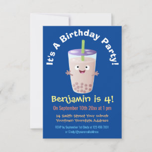 Cute lycklig bubble tea boba tecknade figurer inbjudningar
