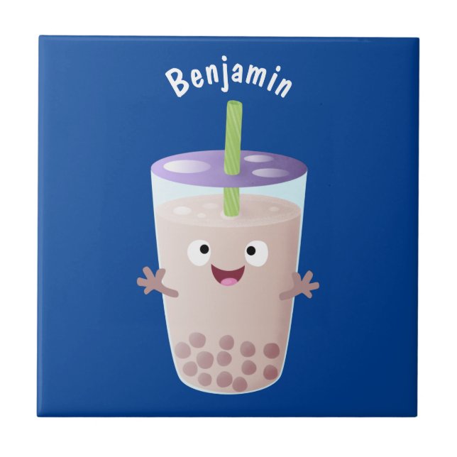 Cute lycklig bubble tea boba tecknade figurer kakelplatta (Framsidan)