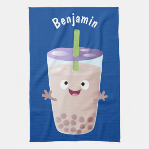 Cute lycklig bubble tea boba tecknade figurer kökshandduk
