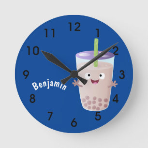 Cute lycklig bubble tea boba tecknade figurer rund klocka
