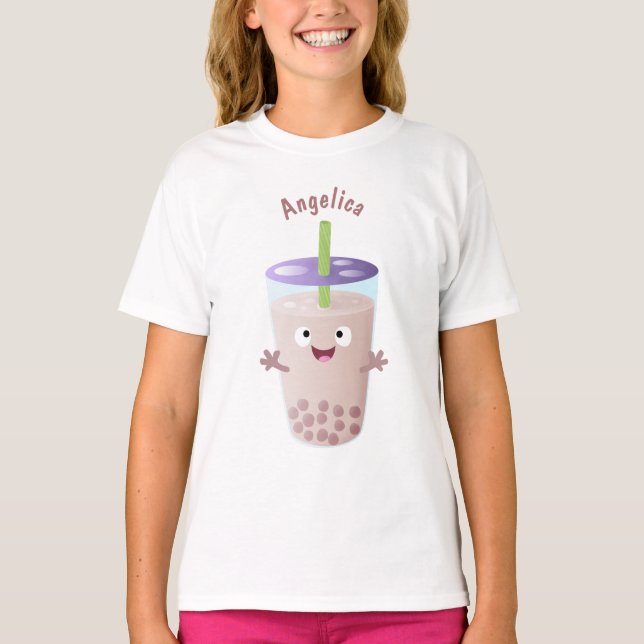 Cute lycklig bubble tea boba tecknade figurer t shirt (Framsida)