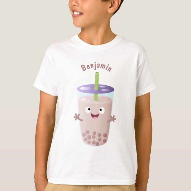 Cute lycklig bubble tea boba tecknade figurer t shirt (Framsida)