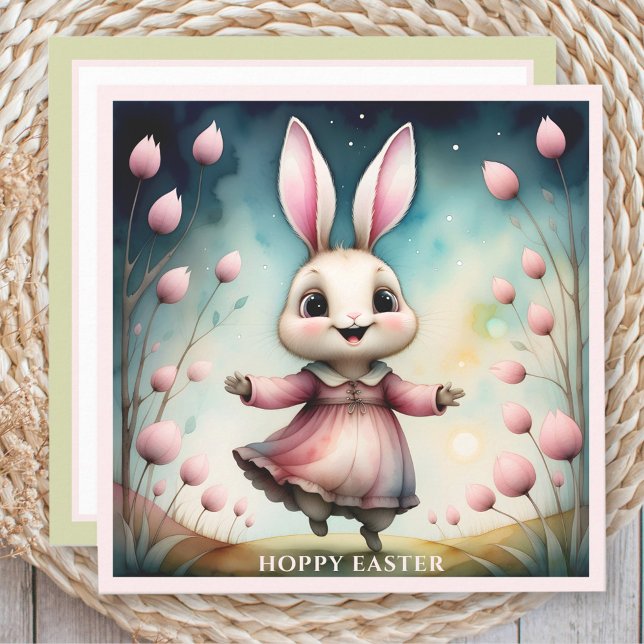 Cute Lycklig Bunny Girl Watercolor Påsk Card Kort (Cute Happy Bunny Girl Watercolor Easter Card)
