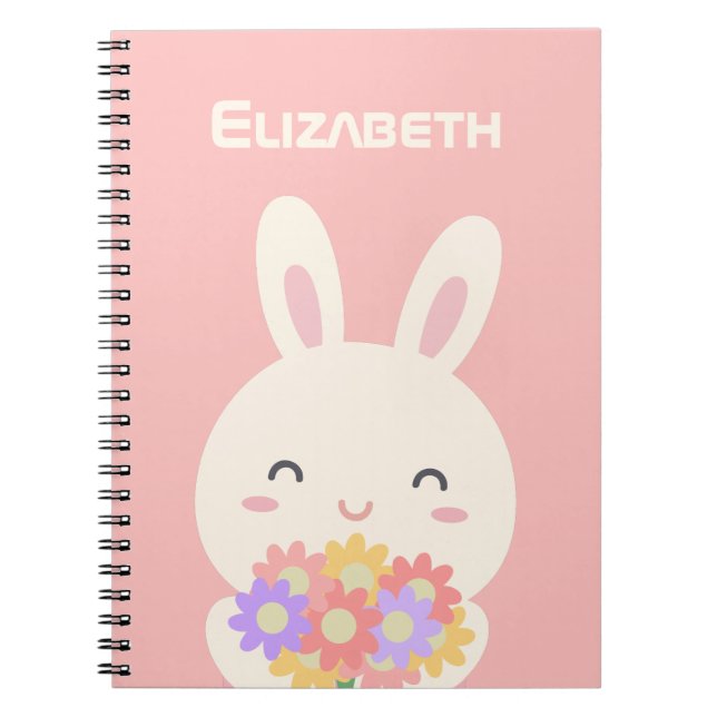 Cute Lycklig Bunny och Flowers Rosa Anteckningsbok (Framsidan)