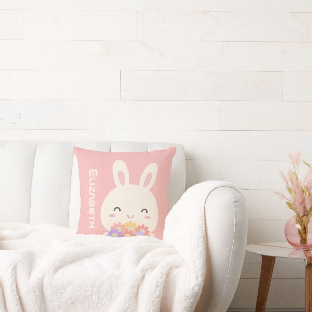 Cute Lycklig Bunny och Flowers Rosa Kudde (Soffa)