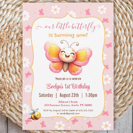 Cute Lycklig Butterfly Rosa Blommigt Girl Girl 1 B Inbjudningar