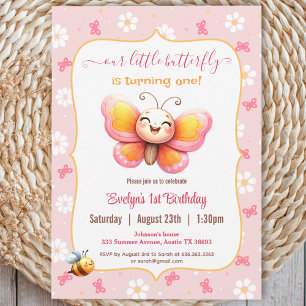 Cute Lycklig Butterfly Rosa Blommigt Girl Girl 1 B Inbjudningar