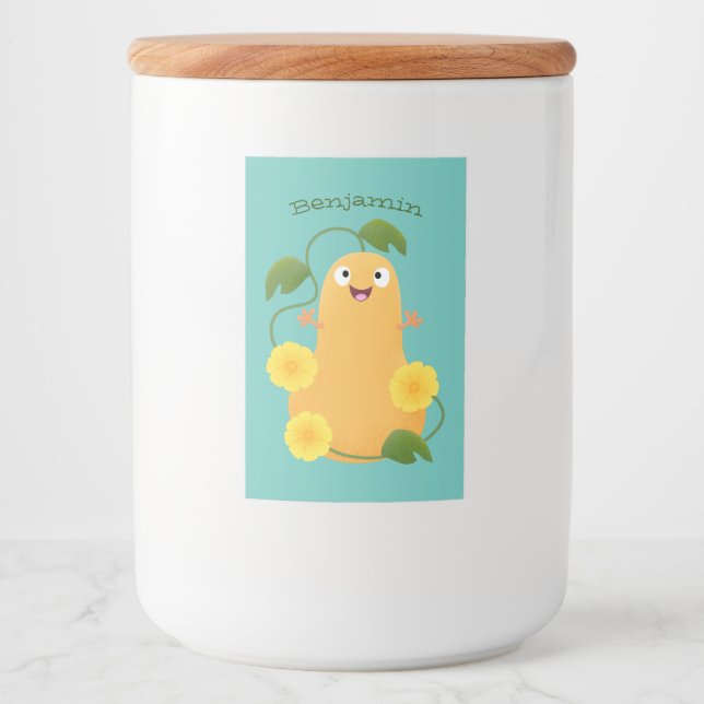Cute lycklig butternut-pumpa, tecknad mat etikett (Framsida)