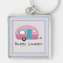 Cute Lycklig Camper Rosa RV Fyrkantig Silverfärgad Nyckelring