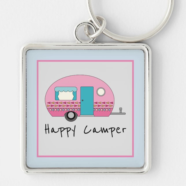 Cute Lycklig Camper Rosa RV Fyrkantig Silverfärgad Nyckelring (Framsidan)