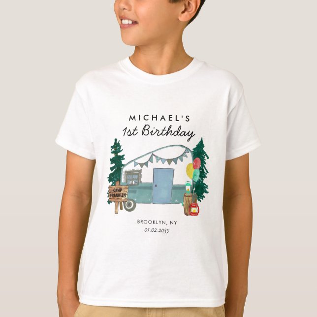 Cute Lycklig Camper Van Träd Camping 1:a födelseda T Shirt (Framsida)