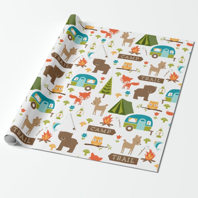 Cute Lycklig Campers Woodland Mönster Presentpapper (Utrullad)