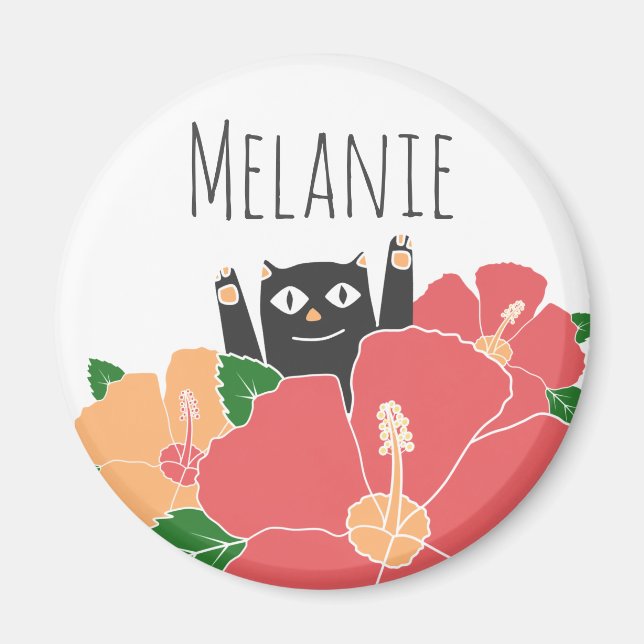 Cute Lycklig Cat Vår blommor Personlig Magnet (Framsidan)