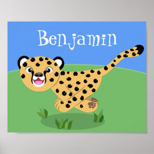Cute lycklig cheetah som kör tecknad illustration poster
