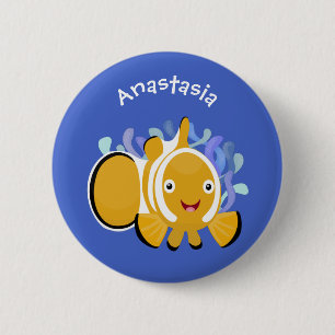 Cute lycklig clownfish anenome tecknad knapp