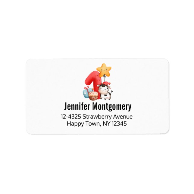 Cute Lycklig Cow 1:a födelsedagen Adressetikett (Framsidan)