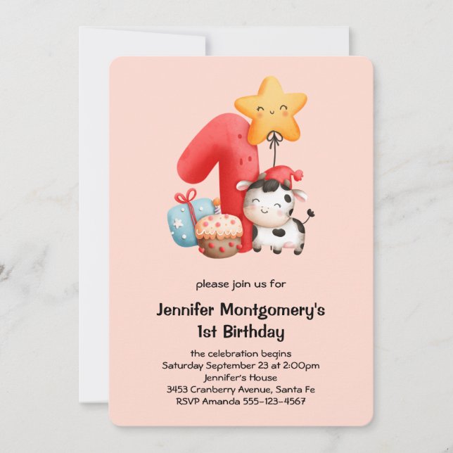 Cute Lycklig Cow 1:a födelsedagen Inbjudningar (Framsida)