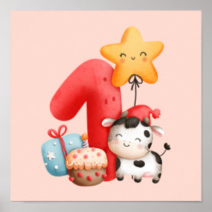 Cute Lycklig Cow 1:a födelsedagen Poster