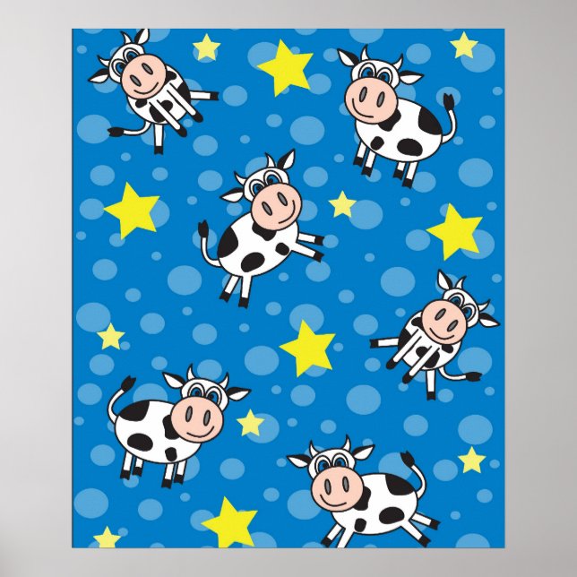Cute Lycklig, Cow Print - Blue Poster (Framsidan)